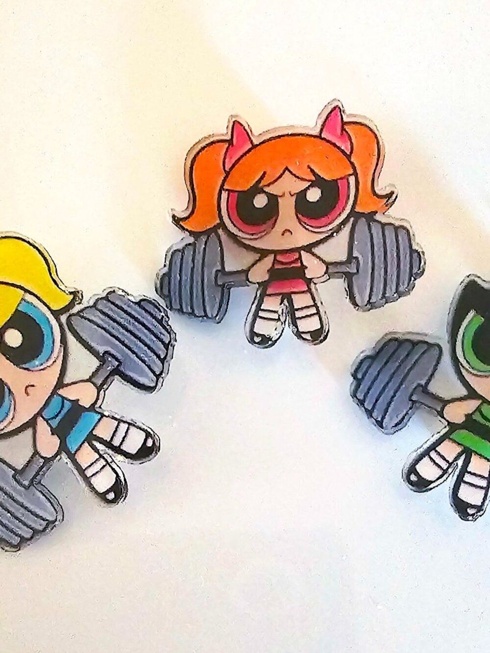 Powerpuff Girls Weightlifting Enamel Pins, Set of 3, Acrylic, Backpack, Jacket